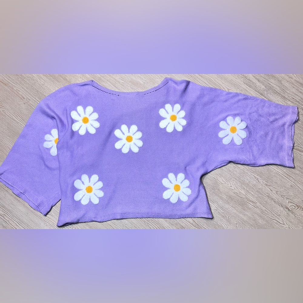 BiBi Lavender Daisy Sweater M Dolman Sleeve Cottagecore Floral Knit - Picture 2 of 9